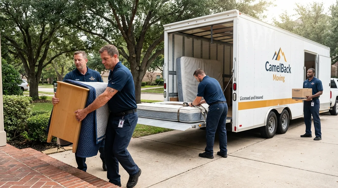 Crew loading residential truck for cross-state move from Adelanto, CA