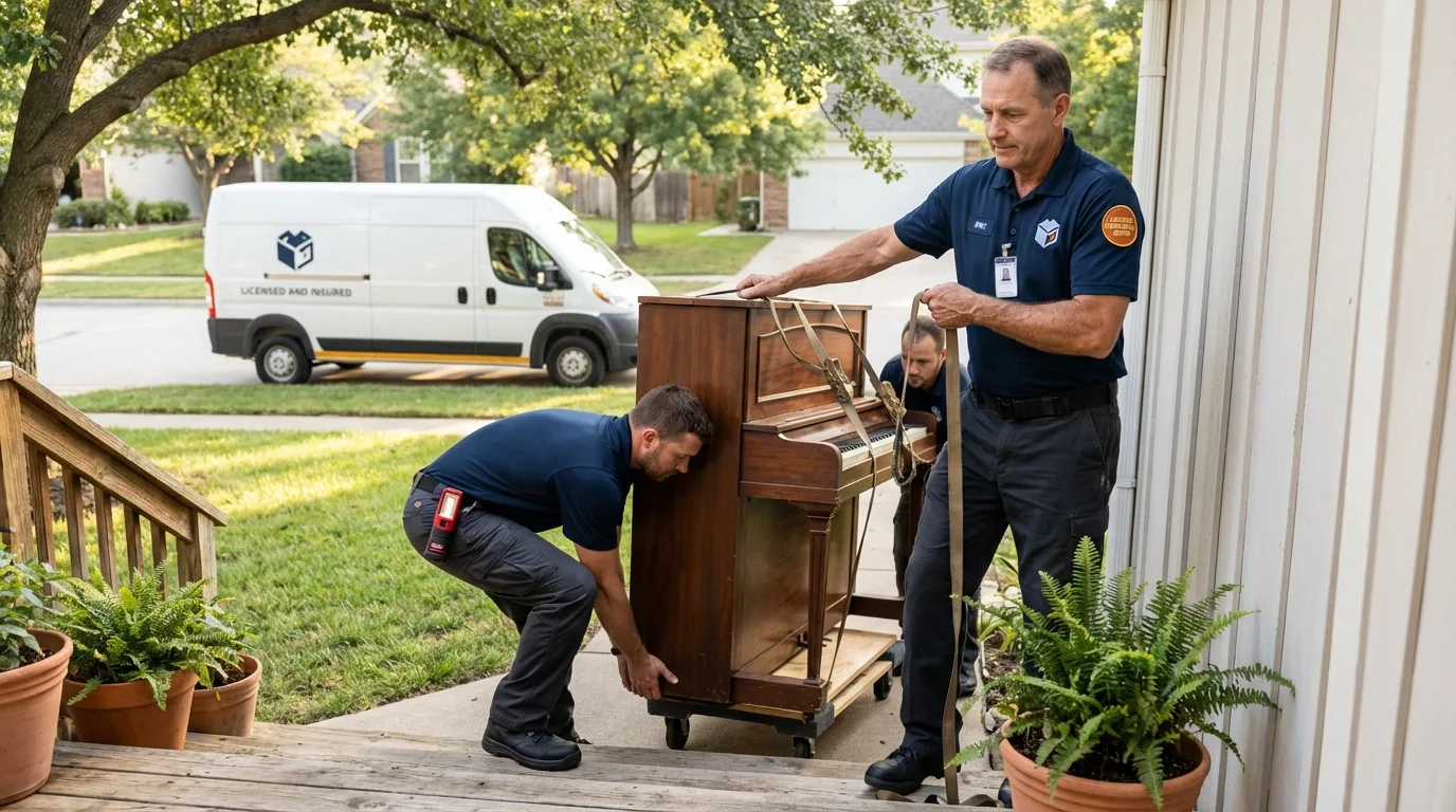 Licensed piano movers securing grand piano in Adelanto, CA