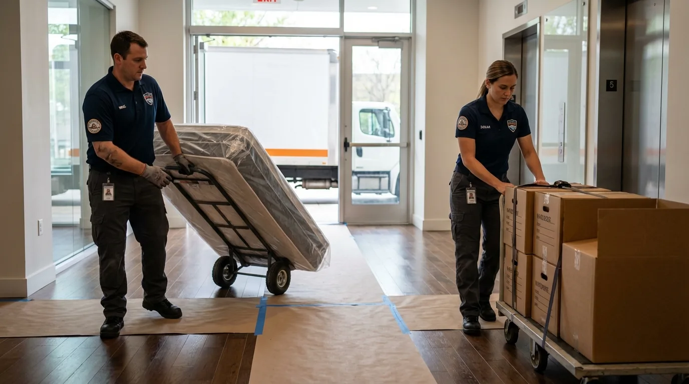 Professional apartment movers loading elevator in Adelanto, CA